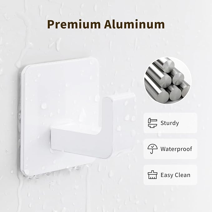 Square Self Adhesive Towel Hooks - 4 Pack Matte White Metal Hooks, Right-Angle Design for Towels, Robes & Hats, Organize Bathroom, Kitchen, Entryway, Doors, Cabinets on Smooth Surfaces