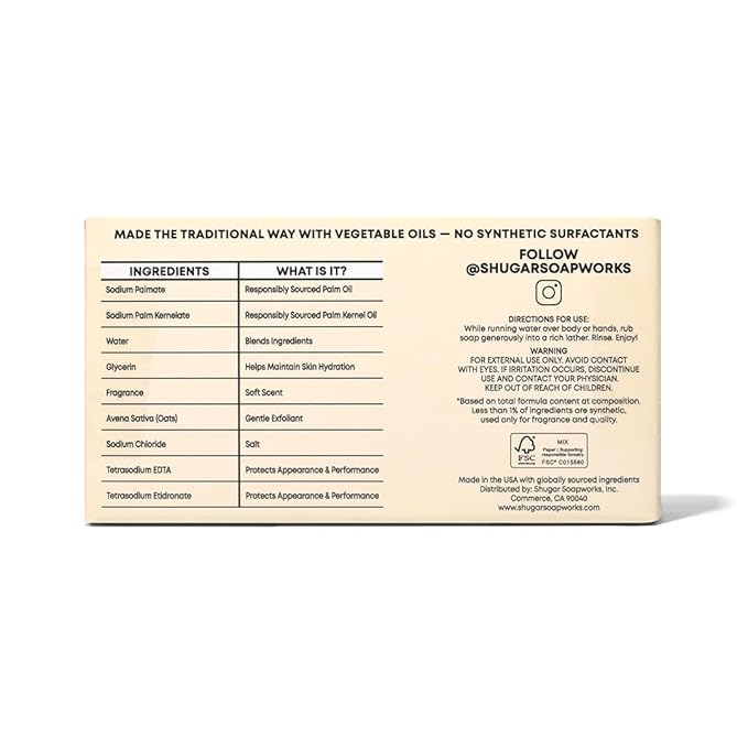 Shugar Soapworks Oatmeal & Lemon Verbena 5 oz Beauty Bar Soap 8-Pack | Plant-Based Vegan Formula | Sulfate & Paraben Free | Gentle Exfoliating Cleanser with Finely Ground Oatmeal Flakes