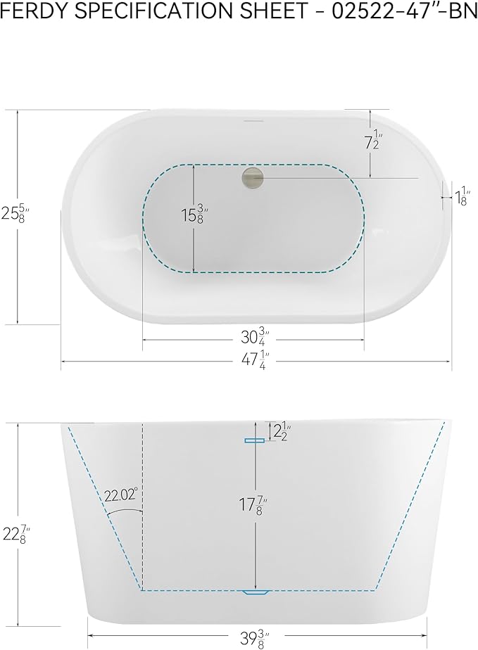 FerdY Shangri-La 47" Acrylic Freestanding Bathtub with Headrest, Small Classic Oval Shape Acrylic Soaking Bathtub with Brushed Nickel Drain & Overflow& Bath Pillow, cUPC Certified