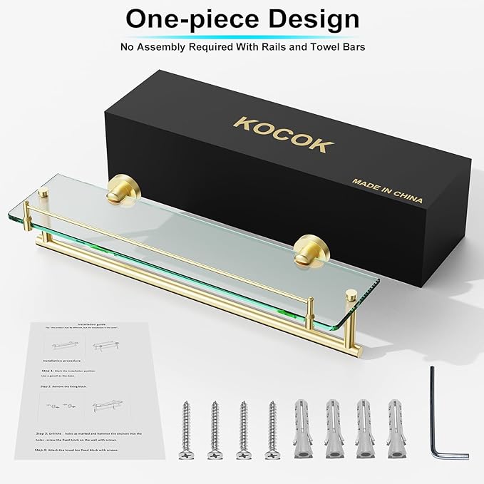 Towel Rack with Tempered Glass Shelf for Bathroom 20 Inch, Brushed Gold Floating Wall Mount Storage