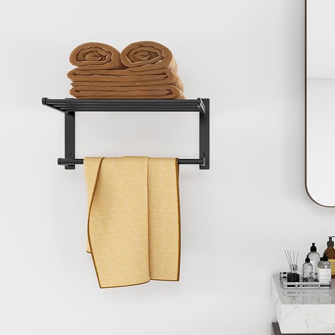 Bathroom Shelf with Towel Bar, 16" Metal Towel Racks for Bathroom Wall Mounted, Rustproof Towel Rack with Shelf Shower Towel Holder Apartment Essentials Bathroom Accessories - Black