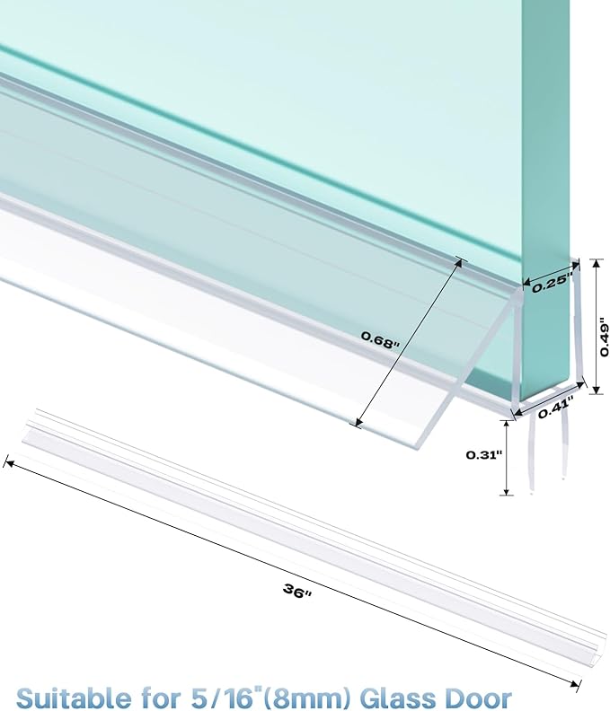 Shower Door Bottom Seal Strip, 2PCS Seal Strip, Ultra Clear PVC, 36" Length, Fits 8mm Thick Glass, Prevents Leaks, Easy Installation, No Adhesive Required (Ultra Clear, 36in for 5/16"(8mm) Door)