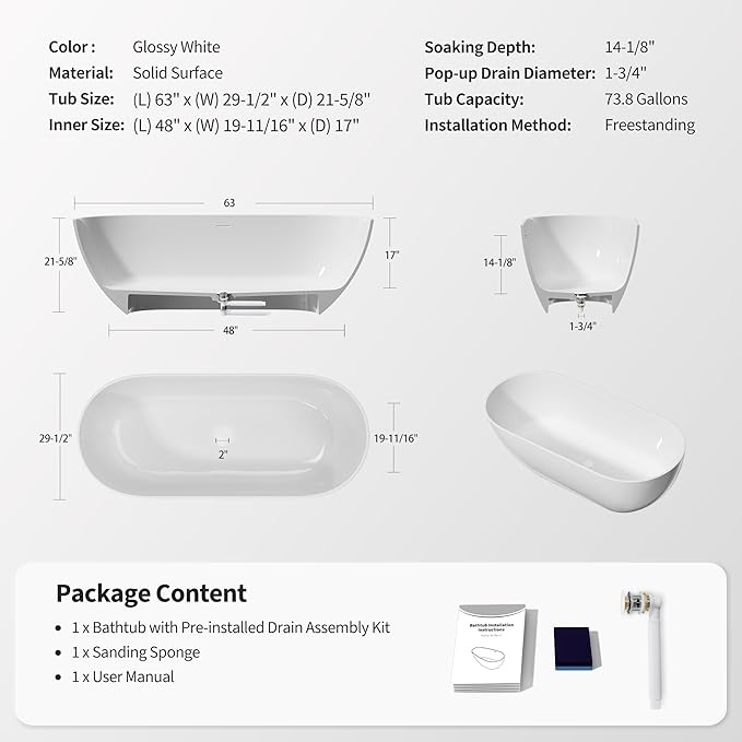 Abruzzo 63" Freestanding Solid Surface Bathtub - Engineered Stone Resin Soaking Tub with Overflow & Pop-Up Drain, cUPC Certified Glossy White, 74-Gallon Capacity Oval Tub for Modern Bathrooms