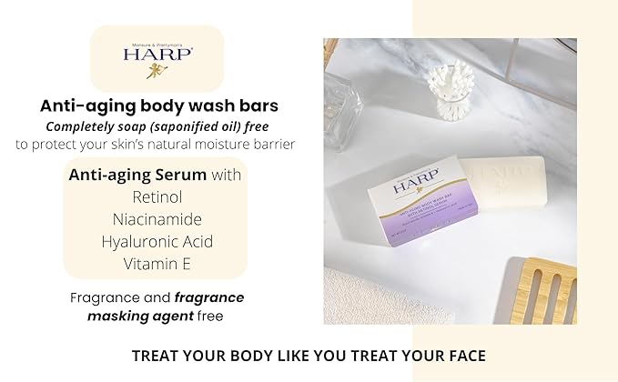 HARP Anti-Aging Body Wash Bar With Retinol + Niacinamide, Vitamin E, Hyaluronic Acid. 100% Syndet Base. Soap/Lye-Free and FRAGRANCE FREE (3-Pack, Anti-Aging Serum)