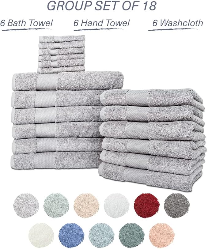 Hencely 18-Piece Bath Towel Set - High Absorbency, Quick Drying - 100% Soft Turkish Cotton - 6 Bath Towels, 6 Hand Towels, 6 Washcloths - Bathroom, Home, Hotel, Spa, and Gym - 18-Pack Silver