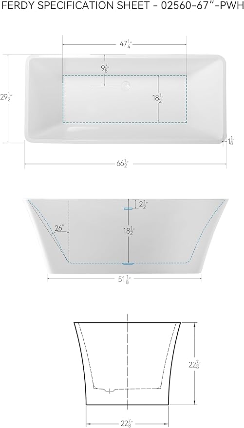FerdY Sentosa 67" Acrylic Freestanding Bathtub, Contemporary Design Soaking Tub with Polished White Drain and Minimalist Linear Design Overflow, Easy to Install