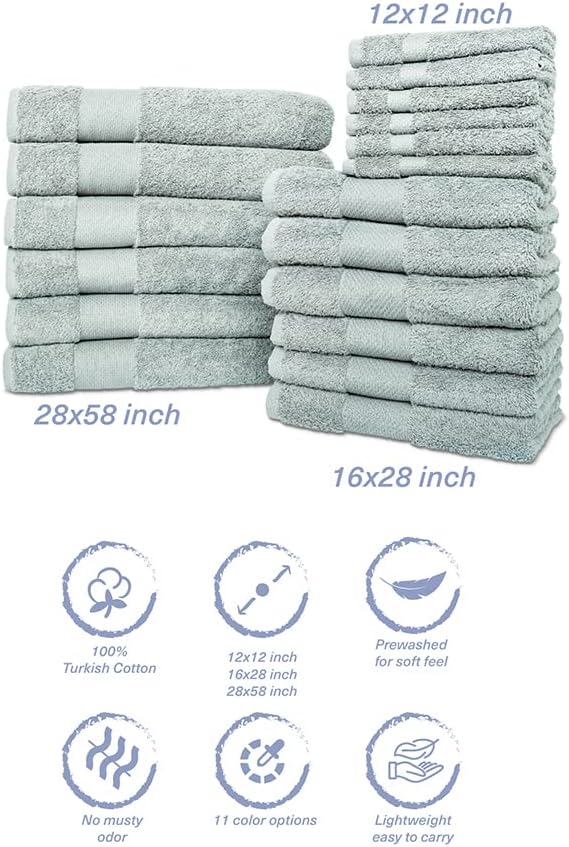 Hencely 18-Piece Bath Towel Set - High Absorbency, Quick Drying - 100% Soft Turkish Cotton - 6 Bath Towels, 6 Hand Towels, 6 Washcloths - Bathroom, Home, Hotel, Spa, and Gym - 18-Pack Light Green