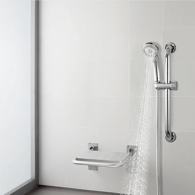 OFFO ADA Shower Head Holder, Adjustable 1.18-1.26 in(30-32 mm) Hand Shower Bracket for Handicap Grab Bar, Detachable Slider Clamp Bathroom Replacement, 361 Degree Rotation Sprayer Holder, Chrome