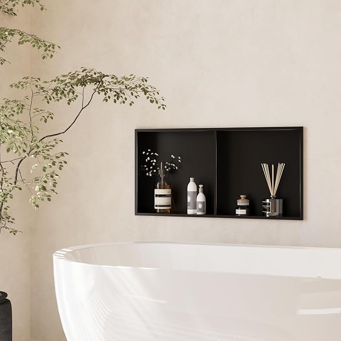 Stainless Steel Shower Niche, 12" x 24" No Tile Needed Recessed Wall Niche with Shelf for Bathroom Storage (Matte Black)