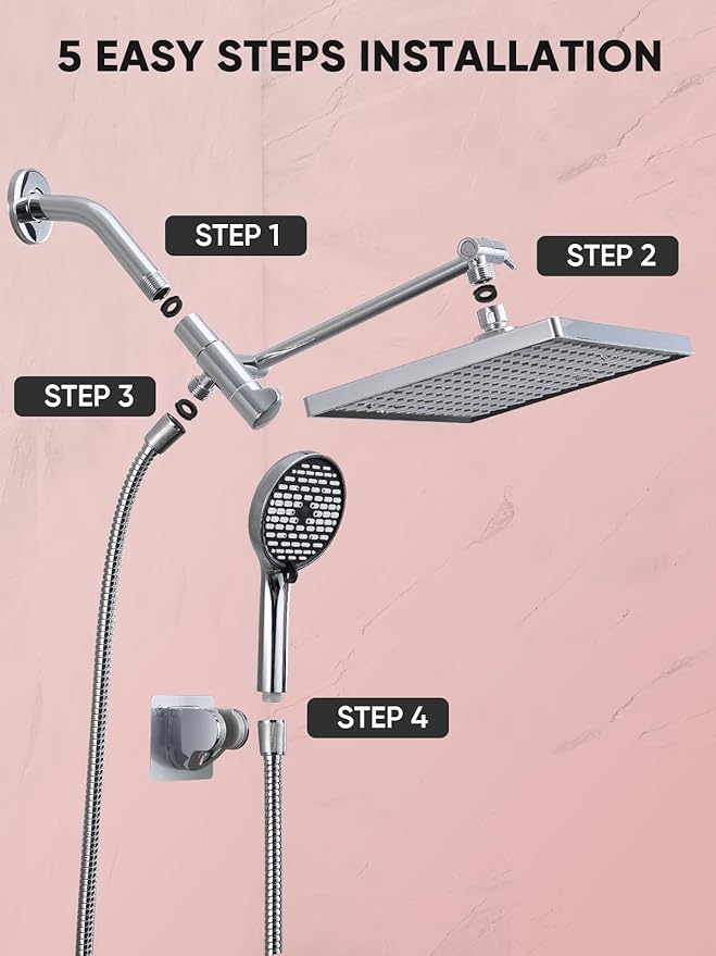 Cobbe 11.8 Inch Rain Shower Head with 6 Modes Handheld Water Spray，High Pressure Showerhead Combo with 11 Inch Adjustable Extension Arm, Chrome