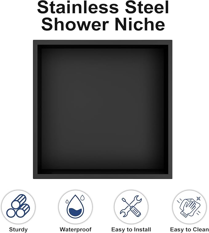 Achelous Stainless Steel Insert Shower Niche 12" X 12", No Tile Needed, Recessed Shower Shelf Organizer, Matte Black