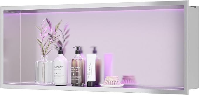 30X12 RGB Shower Niche, Brushed Nickel Stainless Steel LED Recessed Storage, No Tile Needed Wall Niche for Bathroom Storage Over Mount Installation