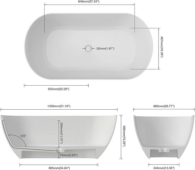 Premium 51" Solid Surface Freestanding Bathtubs, Upgraded Oval Stone Resin Tub with Overflow and Pop-up Drain, Matte White