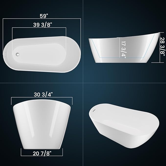 Freestanding Bathtub – 59 Inch Acrylic Soaking Bathtub with Chrome Drain & Overflow, Modern Free Standing Tub for Bathroom Renovation, Glossy White Freestanding Tub Design