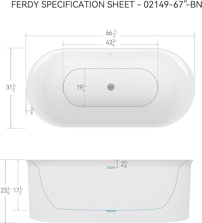 FerdY Nami 67" Acrylic Freestanding Bathtub, V Shape Freestanding Soaking Acrylic Bathtub, Modern White, cUPC Certified, Brushed Nickel Pop-Up