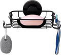 Soap Dish Bar Soap Holder Suction Cup with 4 Hooks, Stainless Steel Soap Saver Tray for Shower Wall, Bathroom, Kitchen, Rustproof Drill-Free Soap Bar Holder, Black