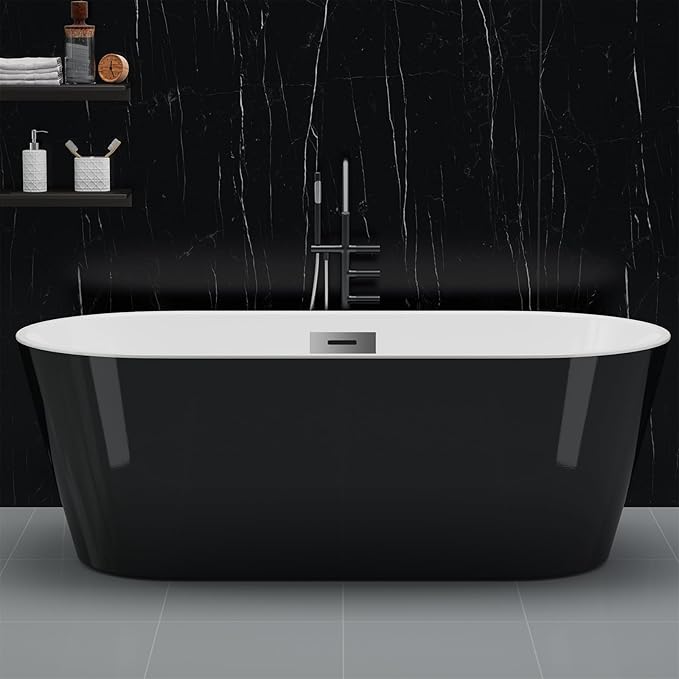 67 Inch Acrylic Soaking Bathtub, Modern Stand Alone Tub for Adults with Sloped Backrest, Chrome Drain & Overflow, cUPC Certified, Easy Installation, White Oval Bath
