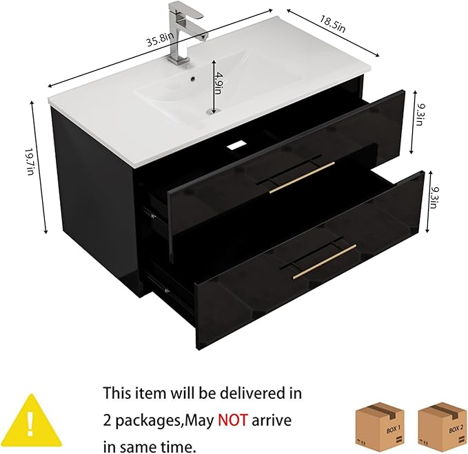 36" Wall Mounted Bathroom Vanity with Sink, High Gloss Black Floating Cabinet, Modern Gold Handles, 2 Soft Close Drawers, Integrated Ceramic Top for Powder Room