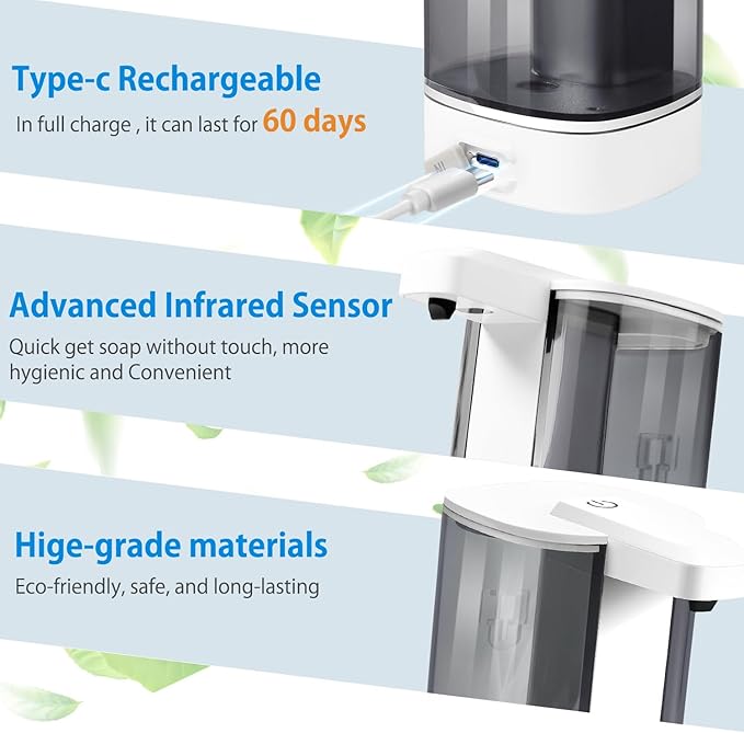 Automatic Liquid Soap Dispenser, Rechargeable,Touchless,17oz/500ml with 4 Adjustable Soap Levels, Wall Mount & Waterproof, Liquid Hand/Dish Soap Dispenser for Bathroom Kitchen