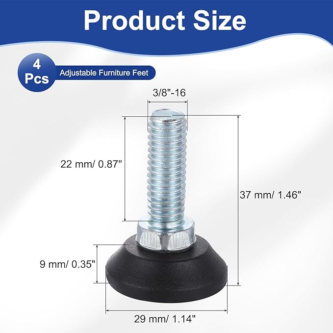 uxcell 3/8"-16 Thread Furniture Feet Levelers, 4Pcs 22mm l Adjustable Furniture Feet Screw in Threaded Leveling Leg Screw on Chair Foot Glides Leveling for Table Chair Cabinet Black