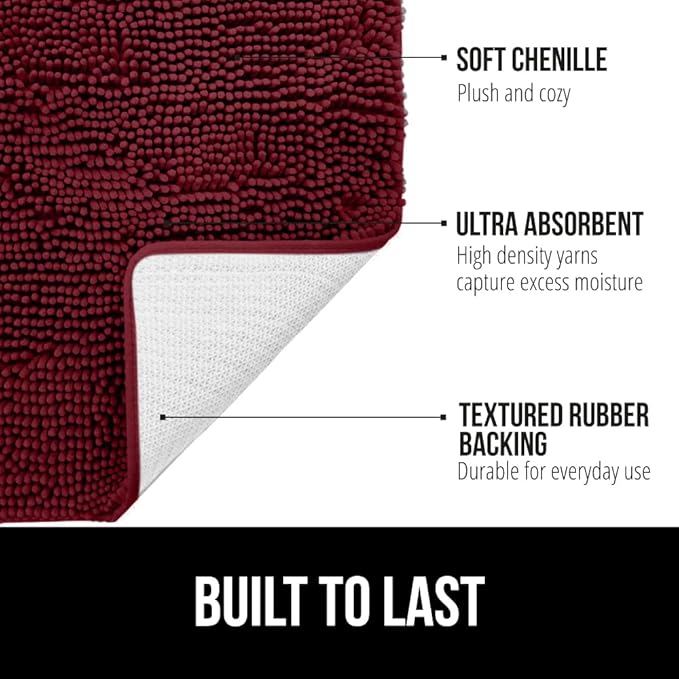 GORILLA GRIP Bath Rug Mat 36x24, Soft Absorbent Chenille, Quick Dry Microfiber Mats, Rubber Backing Washable Shower Floor Rugs, Bathmat Runner, US Designed Bathroom Home Decor Accessories Burgundy