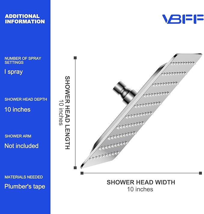 VBFF-Shower Head,rain shower head, 10 inch- Square Shower Head, 1.8 GPM Flow Rate, rainfall showerhead,VBFF08(Chrome)