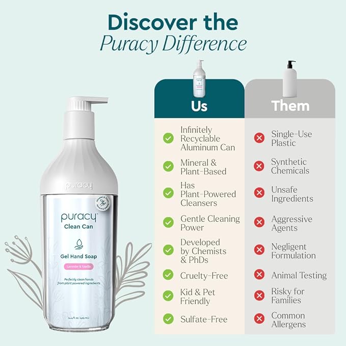 Puracy Gel Hand Soap Clean Can Starter Set - Plant-Powered Natural Hand Soap As Seen on TikTok, Non-Toxic, Sulfate-Free Liquid Gel Handwash (Lavender & Vanilla, 14.4 fl oz)