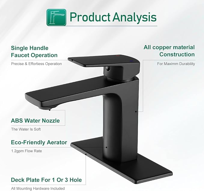VOTON Matte Black Bathroom Faucet 1 Hole, Single Handle Bathroom Sink Faucets for 1 or 3 Hole with Supply Deck Plate and Hose, Basin, Rv, Lavatory Sink