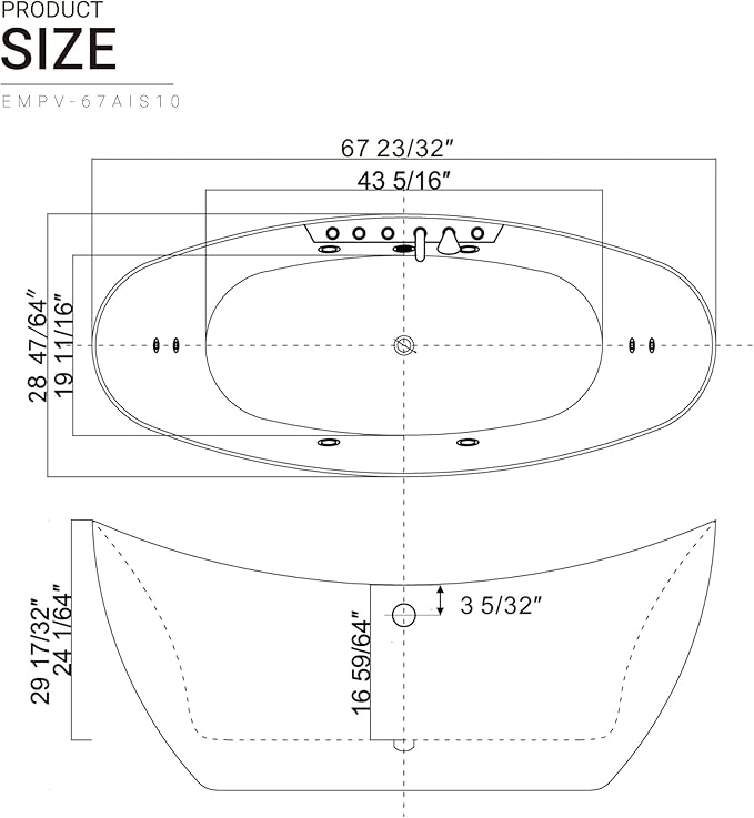 Empava 67" Freestanding Whirlpool Bathtub Oval with 8 Hydromassage Adjustable Water Jets Luxury Acrylic Massage SPA Soaking Bath Tub in White Double Ended