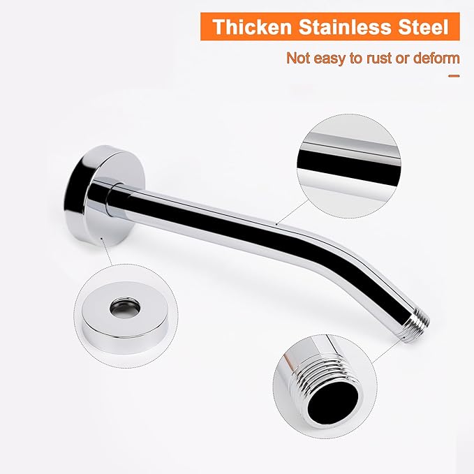HarJue Shower Arm with Flange and Teflon Tape, Wall Mounted Shower Pipe 304 Stainless Steel Extension Arm for Fixed Shower Head & Handheld (8 Inch, Chrome)