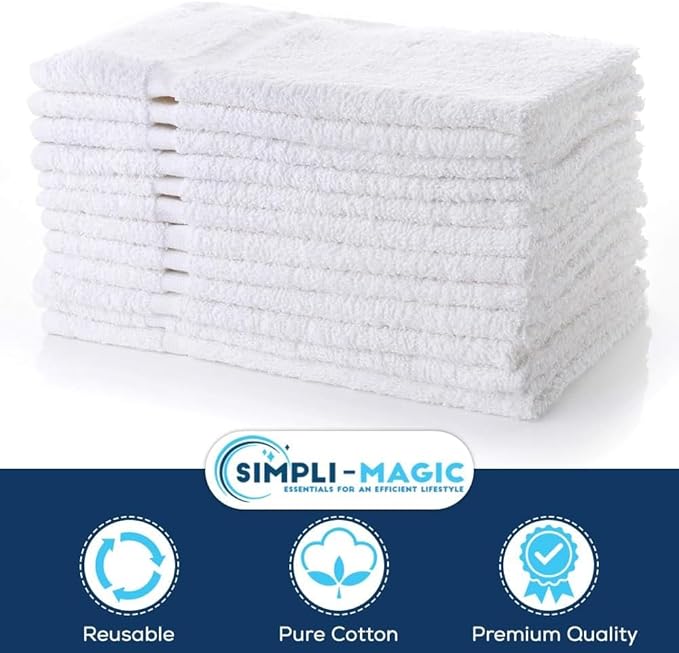 SIMPLI-MAGIC Cotton Hand Towels 16"x27" (12 Pack) – Soft Towels for Bathroom, Kitchen, Salon & Gym (White)