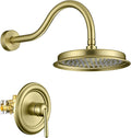 Antique Shower Faucet Set Brushed Gold, 9 inch High Pressure Rainfall Shower Head, Shower System with Pressure Balance Valve, Shower Trim Kit with Rough-in Valve (WT-9817BG)