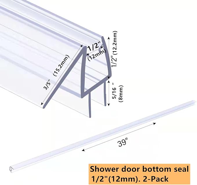 Shower Door Bottom Seal with Sweep 2Pack, 39"(990mm) Length PVC Clear Strips for 1/2"(10mm) Thick Frameless Glass Door, to Stop Water Leaking