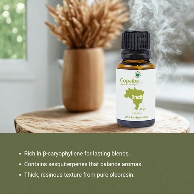 Copaiba Essential Oil - Direct from Amazon Jungle Essential Oils Brazil - Steam Distilled - Aceite de Copaiba for Aromatherapy, Massage, Diffuser, DIY Candle and Soap Making - 15ml