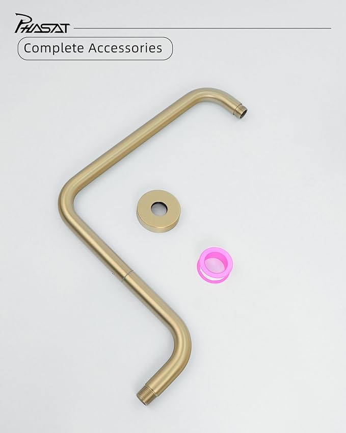 PHASAT 16 Inches Shower Arm Extension,S shaped Shower Arm with Flange,304 Stainless Steel High Rise Shower Head Arm Brushed Gold,PU9J01-M