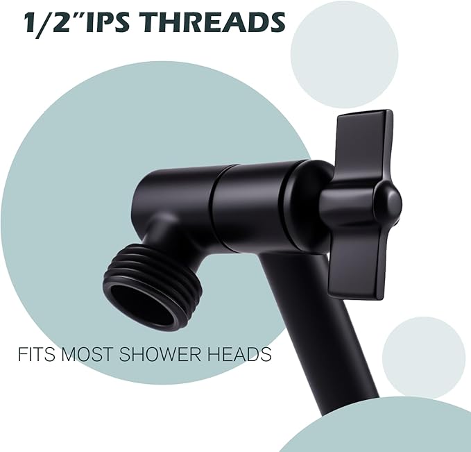 Heavy Duty Adjustable Shower Arm, 11" Brass Extension with Gear Lock Teeth & Swivel Nut, Strong Load Support, No Sagging, Keeps Shower Head Straight, Leak-Free, G1/2 Universal (Matt Black)