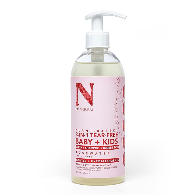 Dr. Natural 3-in-1 Tear-Free Baby Plus Kids Soap - Head-to-Toe Baby Soap and Shampoo - Sensitive Skin Moisturizing Body Wash - Rosewater - 16 oz.