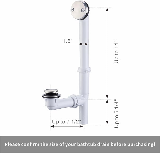 Brushed 1-1/2" Tubular Bath Drain Kit with Tip Toe Bathtub Drain Stopper, Wellup Tub Drain Kit Bath Waste and Overflow Cover, PVC Plastic Pipe for Standard Size Tubs, Brushed Nickel