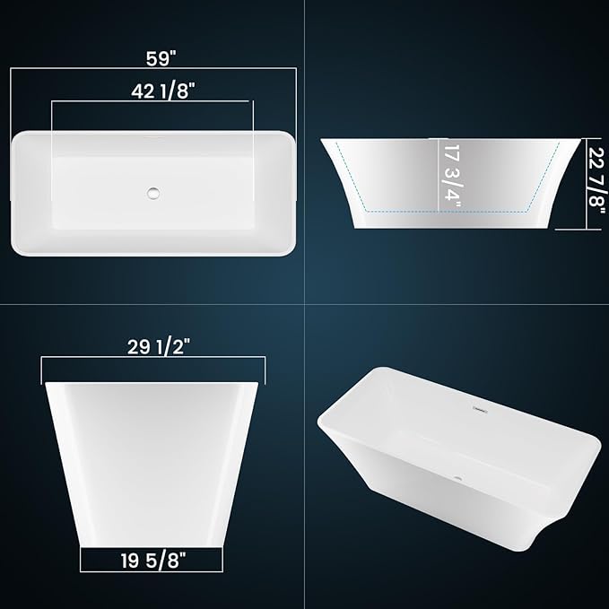 59 Inch Freestanding Bathtub, Modern Acrylic Soaking Bathtub, Ergonomic Deep Tub with Non-Slip Base and Chrome Drain, Standalone Design for Relaxing Bathroom Use, White