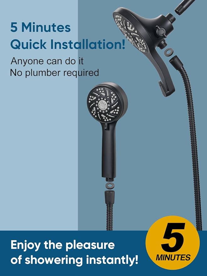 Cobbe High Pressure 3-Way Shower Head Combo, Hand Held Shower & Rain Shower Separately or Together, Dual 2 in 1 Showerhead with Stainless Steel Hose - Black