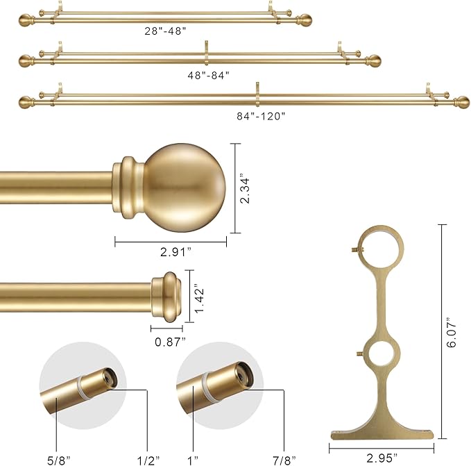 Double Curtain Rod, Adjustable 1 inch Double Drapery Rod Rods for Windows 84 to 120 inch,Ball Round Finials with Brackets Set (84-120",Gold)