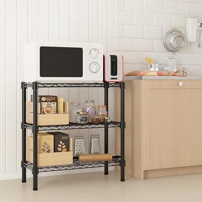3 Tier Storage Racks Shelving, Heavy Steel Pantry Shelves, Adjustable Wire Shelving Rack, Suitable for Garage, Kitchen, Bathroom, Office, 24" W x 14" D x 34" H, Black