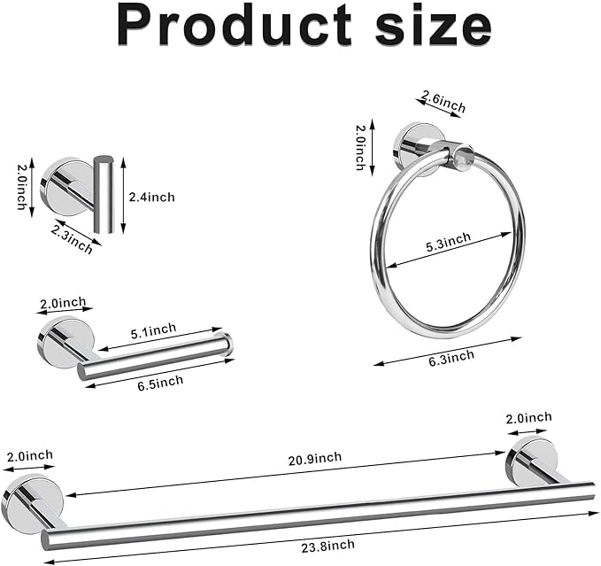 Cilee 10 Piece Chrome Bathroom Accessories Set, 24inch Polished Chrome Towel Bar Ring+Toilet Paper Holder+ Robe Towel Hook SUS304 Stainless Steel Bathroon Hardware Set