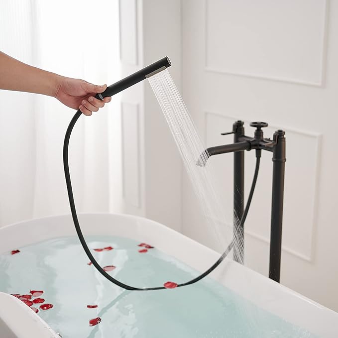 Freestanding Bathtub Faucet Matte Black Floor Mount Tub Filler with Handheld Shower Two Handle High Flow Rate Mixer Tap Bathroom Tub Faucet