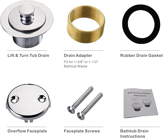 Chrome Polished Bathtub Tub Drain Conversion Kit Assembly, Wellup Lift and Turn Twist Tub Drain Trim Kit with Two-Hole Overflow Faceplate, Chrome Plated