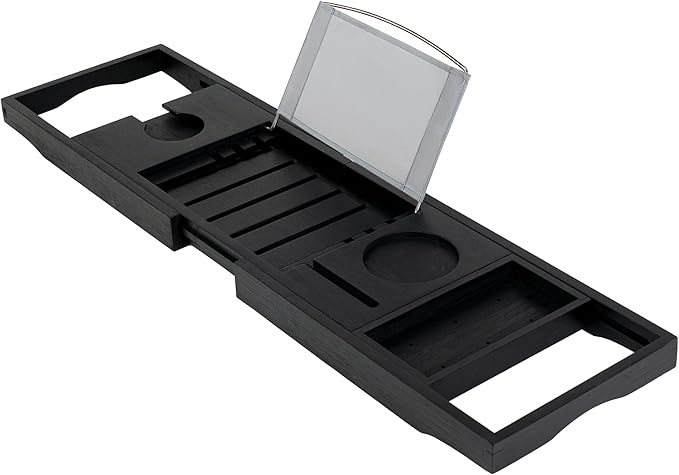 Utoplike Bamboo Bathtub Tray Caddy, Black Bath Tray Table for Tub, Adjustable Bathroom Organizer with Book Tablet Wine Glass Cup Towel Holder