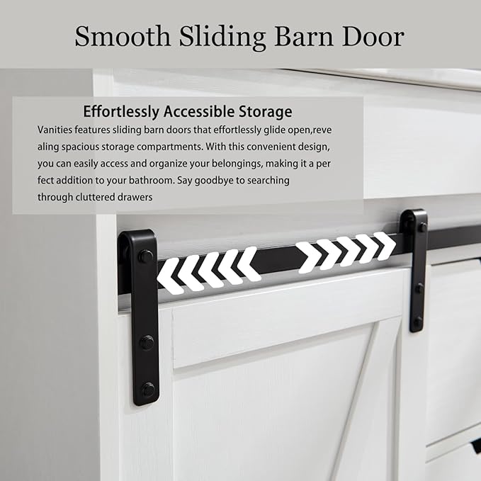 30" Farmhouse Bathroom Vanity with Sink, Freestanding Bathroom Storage Vanity Cabinet w/Sliding Barn Door, 3 Drawers & Adjustable Shelves, Metal Handle, White