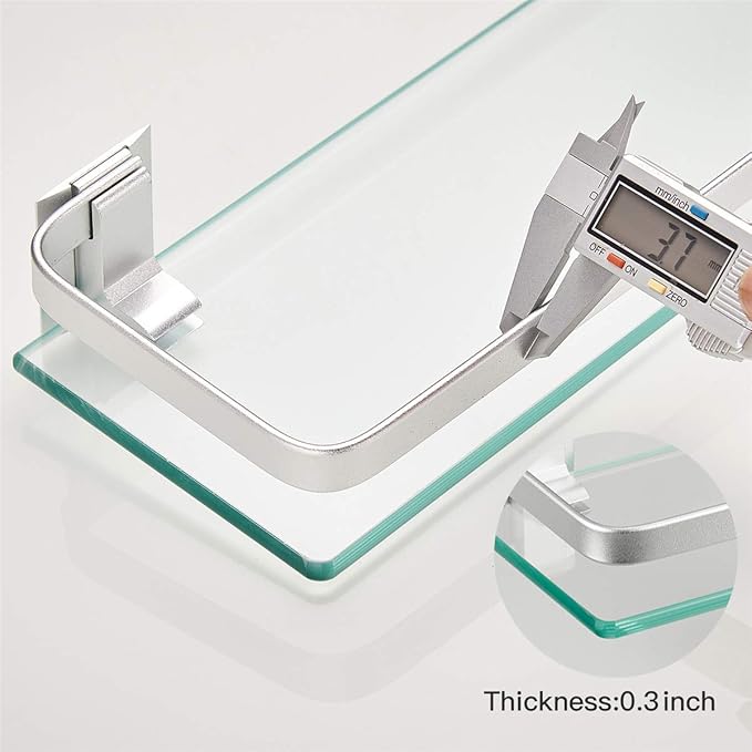 VOLPONE Glass Shelf with Towel Bar 15.7in Silver Bathroom Shelf Wall Mount Rustproof Bathroom Wall Organizer 1 Tier (Silver)