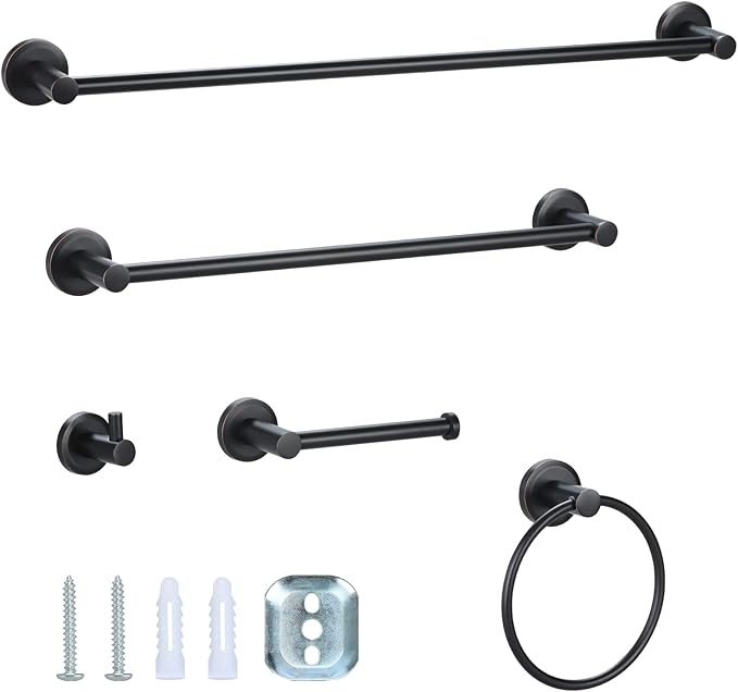 Bathroom Hardware Set Oil Rubbed Bronze Towel Bar 5 Piece for bathoom, Elegant Bathroom Accessory kit Inclusions 24 inch Wall Mounted Towel Rack 18 inch Towel Rod,Towel Ring, Hook,Toilet Paper Holder