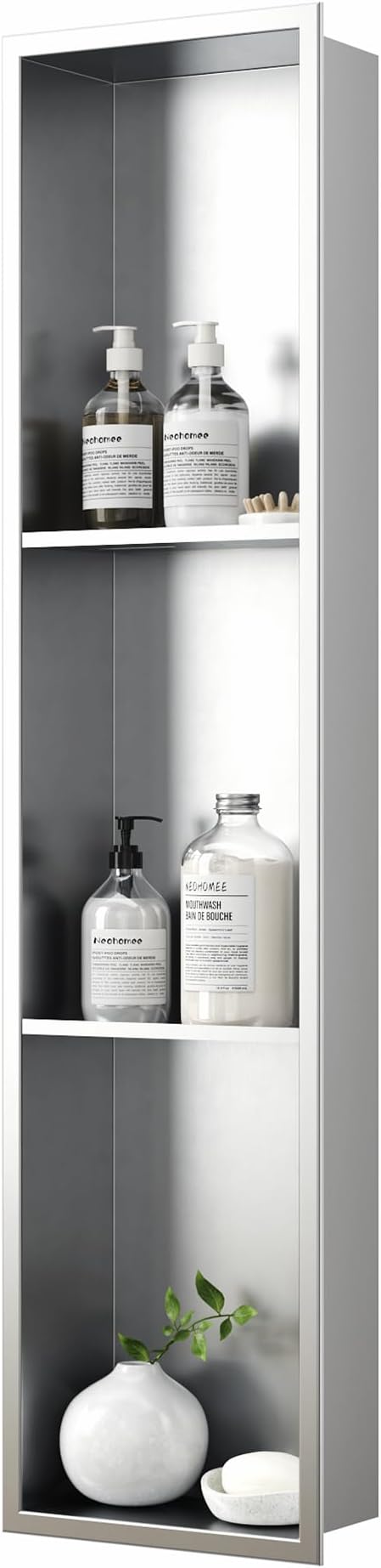 Neodrain 8X36 Inch Brushed Three Layers Stainless Steel Shower Niche, NO Tile Needed Recessed Wall Niche Shelf for Bathroom Storage, 3-Tier Built-in Cabinet niches in Wall
